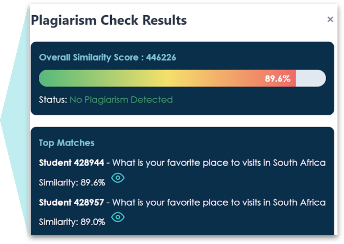 Plagiarism check results panel showing similarity score and top matches
